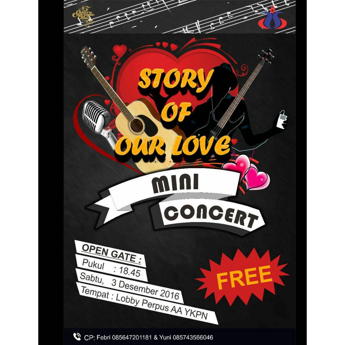 Hai guys..Dateng acara Mini Konser Chiara Canzone Choir AAYKPN "STORY OF OUR LOVE " Hari Sabtu, 3/12/2016, FREE untuk umum lo,dijamin SERU!😃