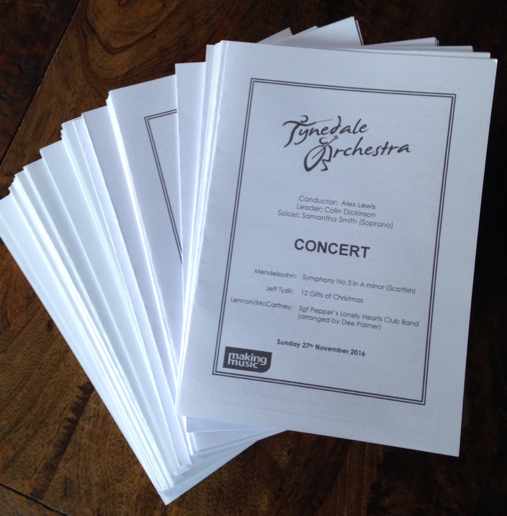 Programmes for this afternoon's concert. Excited to perform Mendelssohn &amp; Beatles! 3.30pm Corbridge Middle School.