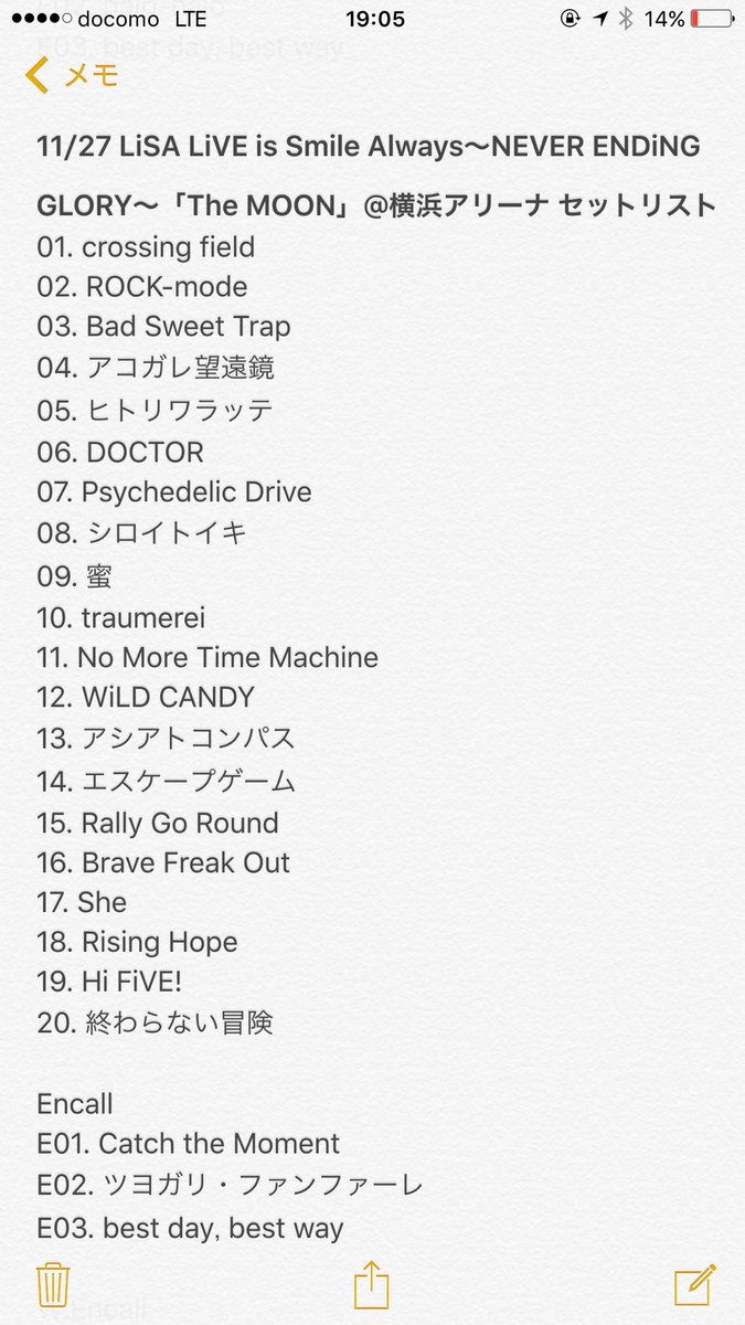 やんす Twitterren 11 27 Lisa Live Is Smile Always Never Ending Glory The Moon 横浜アリーナ セットリスト Lisa 開幕の 1 7とか過去最強の開幕だったんじゃないのかな おつかれさまー T Co P21cdhlhix