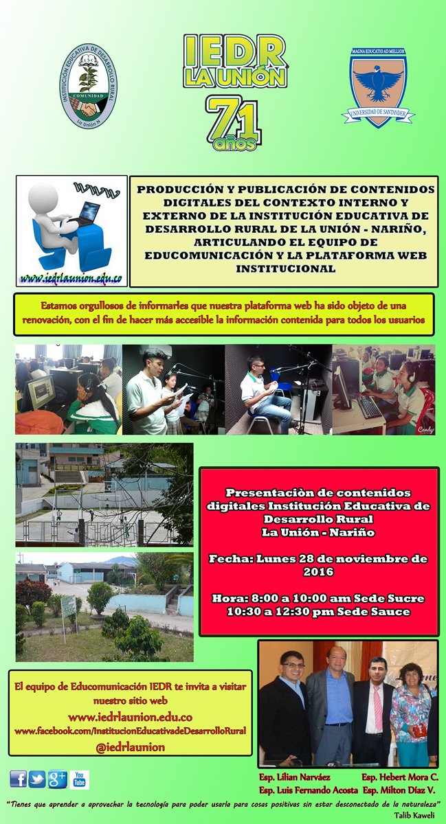 IEDRLaUnion's tweet image. Equipo de Educomunicación presentará los productos digitales del contexto interno y externo IEDR  bit.ly/2foauts