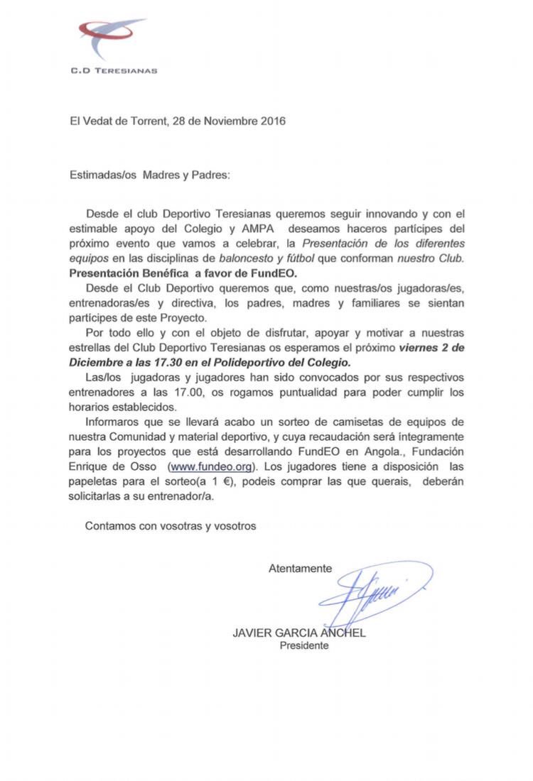 PRESENTACIÓN BENÉFICA CD TERESIANAS! VIERNES 2/12/16
17:30
Pabellón Col. Sta Teresa de Jesús
Os esperamos! <a href="/fetelvedat/">Santa Teresa de Jesús El Vedat de Torrent</a> #123Teresianas #vamos