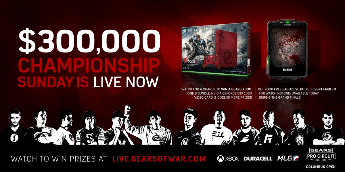 GearsEsports's tweet photo. CHAMPIONSHIP SUNDAY LIVE NOW! #GearsProCircuit $300K Columbus Open! Watch &amp; win awesome prizes at https://t.co/6Rp7mmPuYq! https://t.co/YWZPinunSe