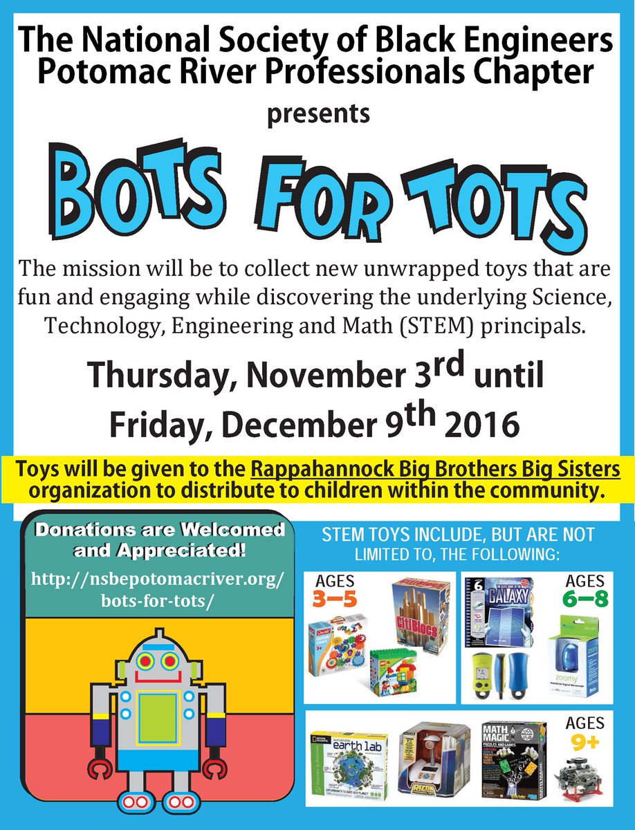 Please support the <a href="/NSBE_PRP/">Potomac River</a> "Bots for Tots" campaign by donating at

nsbepotomacriver.org/bots-for-tots/
