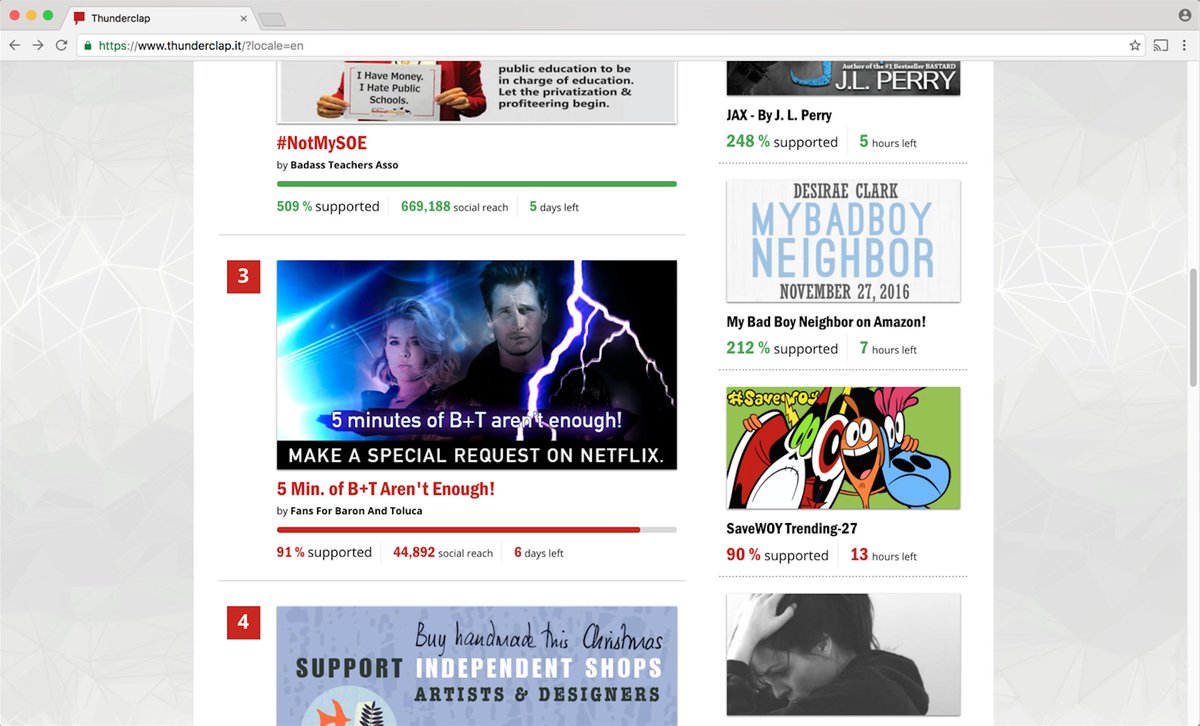 crashdowncom's tweet photo. 5 min of #BandT Aren't Enough is listed on the THUNDERCLAP main page! #NETFLIXforBandT #MajandraDelfino #BrendanFehr https://t.co/lP1svXETPv