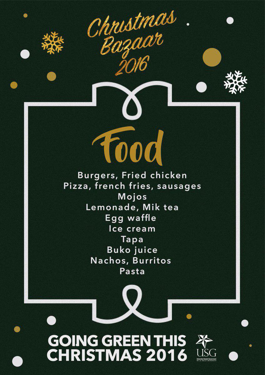 usg_dlsu's tweet image. [USG ANNOUNCE]

Lasallians, it is time to go green at the BIGGEST CHRISTMAS BAZAAR ever in DLSU!

#BERDEChristmasBazaar2016