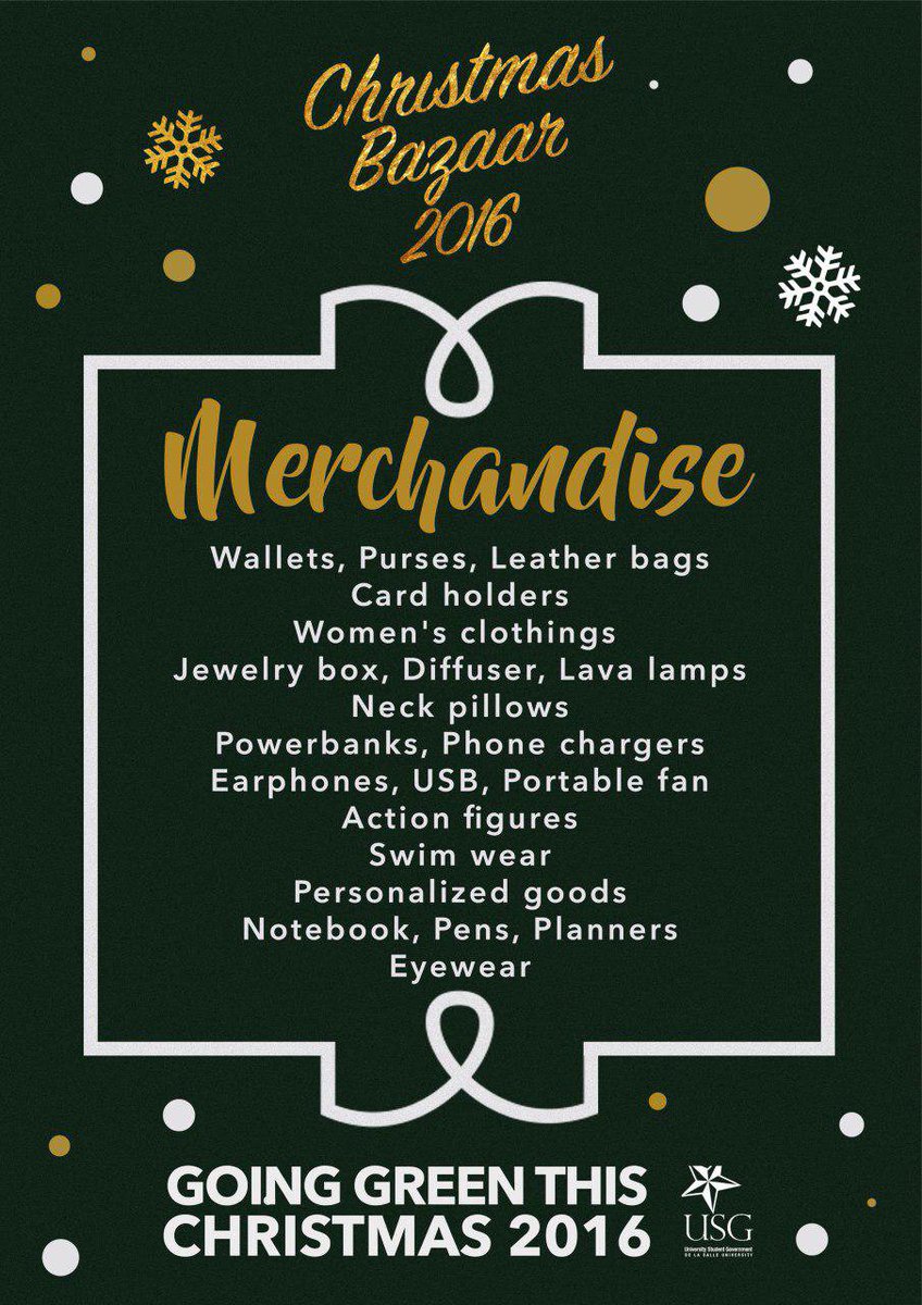 usg_dlsu's tweet image. [USG ANNOUNCE]

Lasallians, it is time to go green at the BIGGEST CHRISTMAS BAZAAR ever in DLSU!

#BERDEChristmasBazaar2016