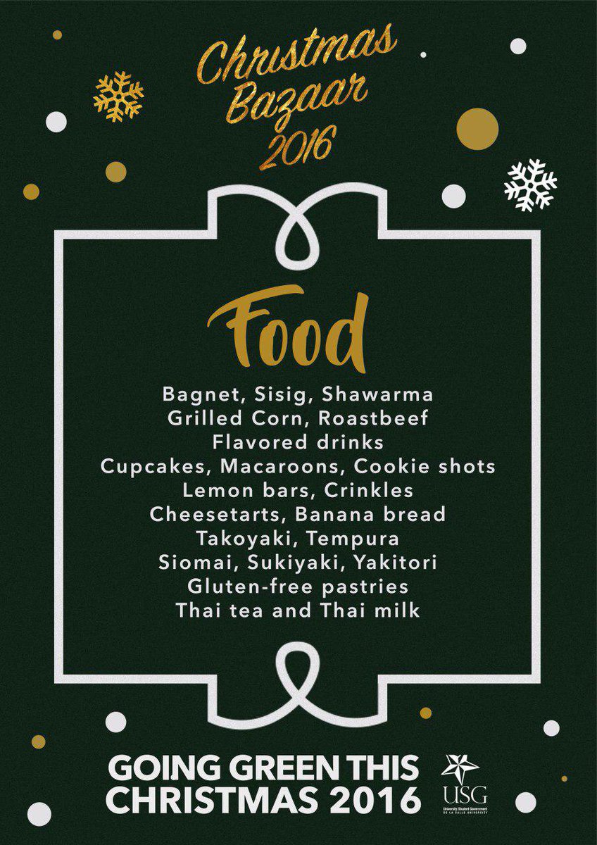 usg_dlsu's tweet image. [USG ANNOUNCE]

Lasallians, it is time to go green at the BIGGEST CHRISTMAS BAZAAR ever in DLSU!

#BERDEChristmasBazaar2016