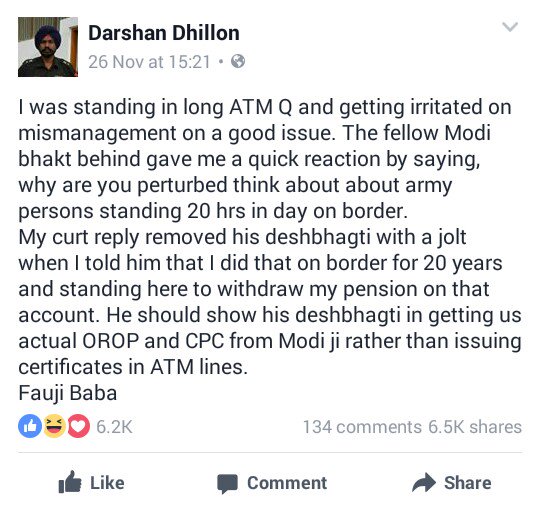 iwkofficial's tweet photo. Ex Indian Army soldier explained his pain on demonetisation on his FB wall 👇

Read and RT widely 

@ArvindKejriwal https://t.co/3buVlnuZk1