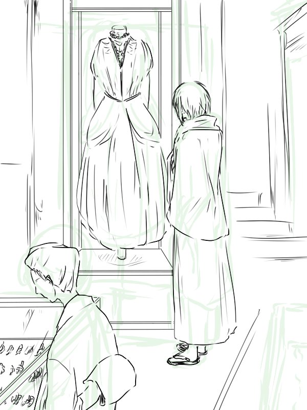 大正パロ裏話⑦
最終話の表紙ボツ絵
例のドレスをじーっと眺める三日月さんを描こうとして断念しました 