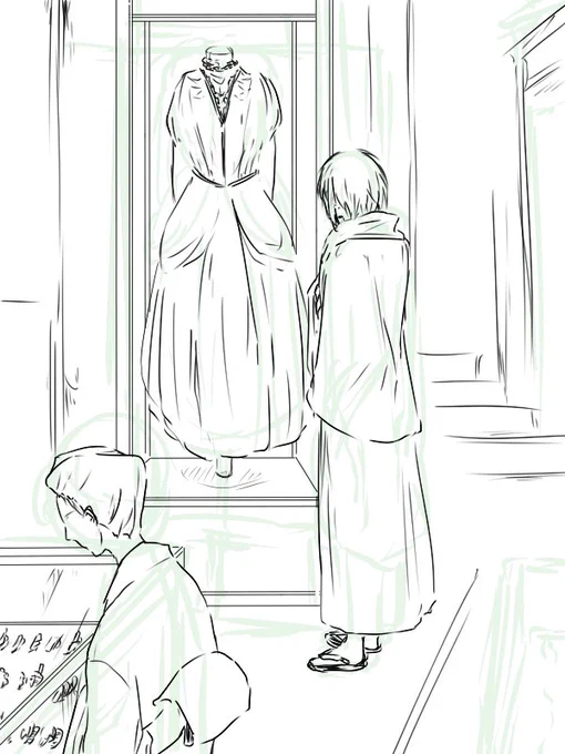 大正パロ裏話⑦
最終話の表紙ボツ絵
例のドレスをじーっと眺める三日月さんを描こうとして断念しました 