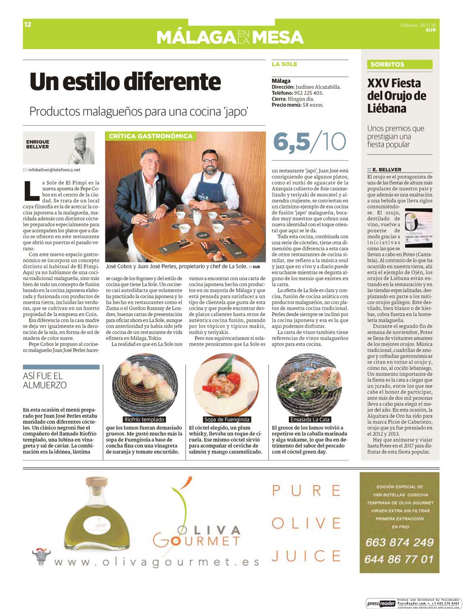 ElPimpiMalaga's tweet photo. Hoy @DiarioSUR SUR se hace eco de la noticia de @Malagaenlamesa del periodista gastronómico #EnriqueBellver #comidaJapo #Japomalaga https://t.co/Us7qKLHw9k