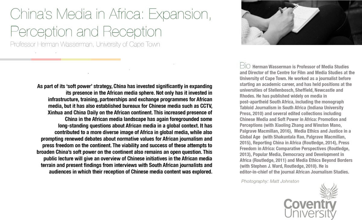 ComCultMed's tweet photo. We're all looking forward to Wednesday's Media Research Seminar! China's Media in Africa, presented by Herman Wasserman. Going to be good! https://t.co/rBrNjqHaog