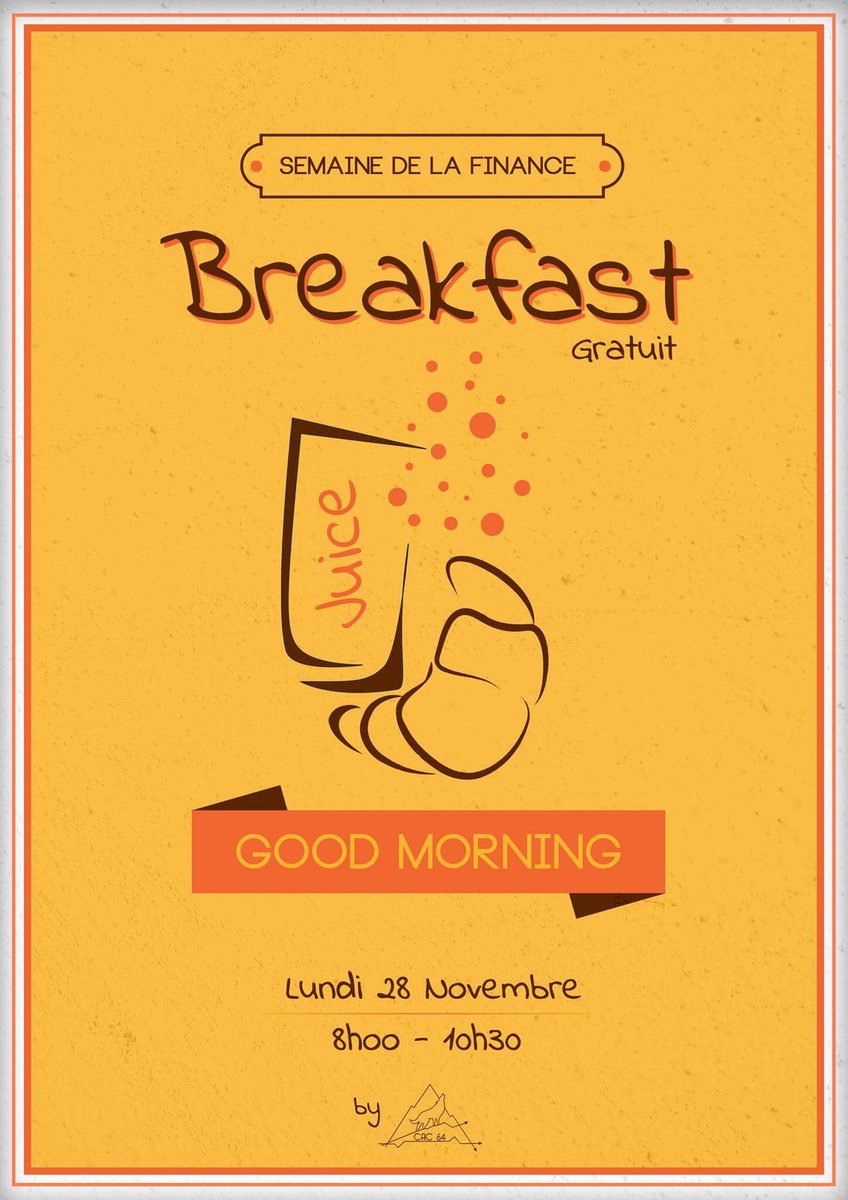 CAC_64's tweet photo. Avant 1ere Twitter : le CAC proposera un petit déjeuner GRATUIT au sein du @GroupeESCPAU lundi matin ! #petitdej #goodmonday #freefood https://t.co/o0bose1s0B