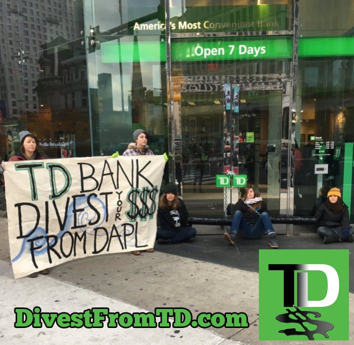 DivestFromTD's tweet image. TD Bank is one of the biggest investors in #DAPL. Divest from TD Bank until they withdraw. Sign the petition goo.gl/WPvRVe #NoDAPL