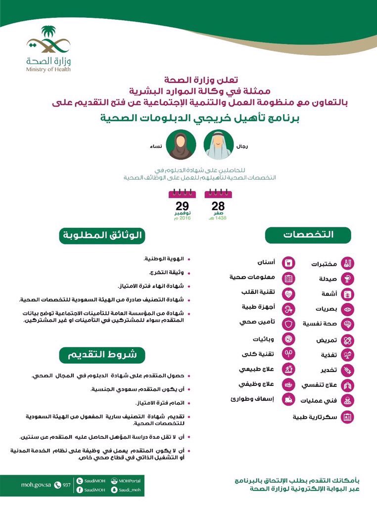 waselh_com's tweet photo. #وظائف وزارة الصحة للنساء والرجال، برنامج تأهيل خريجي الدبلومات الصحية
https://t.co/nNXIqkfGkk https://t.co/qA2k4qVTkP