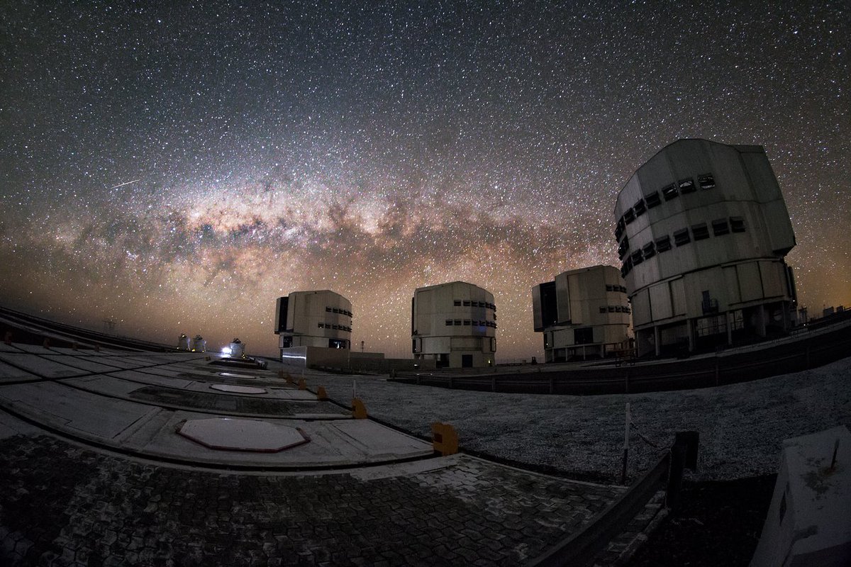 ESO's tweet photo. The Milky Way lying parallel to the horizon behind the ESO Very Large Telescope #VLT https://t.co/fL6ni42pSG https://t.co/efl42n5Ucj