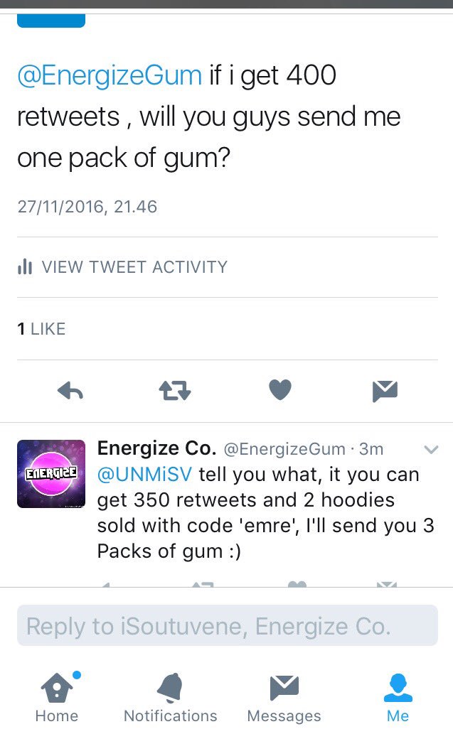 UNMiSV's tweet photo. We made a deal , 350 retweets and 2 hoodies sold with code "emre" and @EnergizeGum will send me 3 packs of gum! https://t.co/n8YmMgEaYW