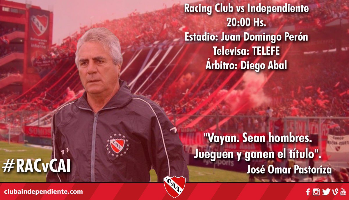 #RACvCAI - ¡Hoy juega #Independiente! Se viene el #ClasicoDeAvellaneda.

#LaHistoriaTeDiceQuienSos

#VamosRojo