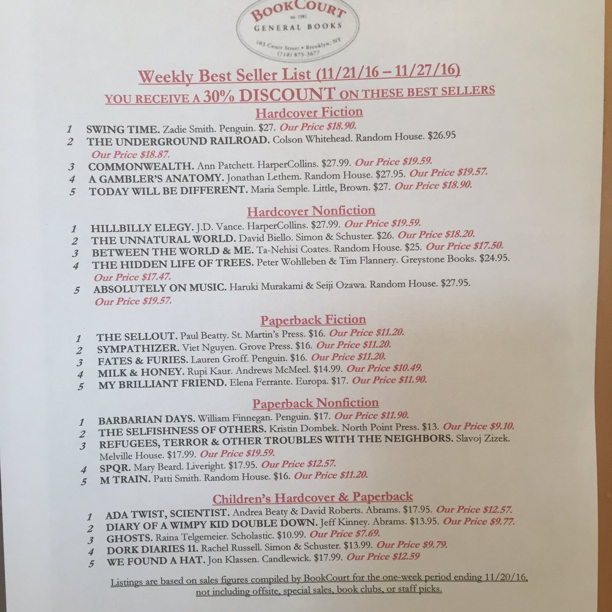 dbiello's tweet photo. In one corner of Brooklyn @bookcourt I'm a best selling author (along with @jdvance1 @tanehisicoates and others) #unnaturalworld https://t.co/xmeU8IlNhB