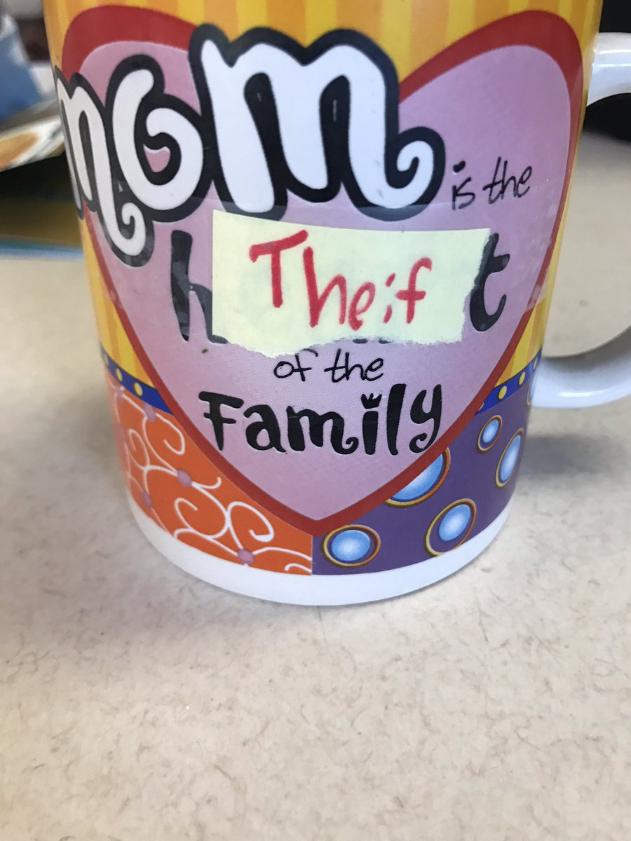 alexavec's tweet photo. My brother got mad at my mom so he took Post-It notes and changed all of the quotes on her mugs I CANT MAKE THIS UP https://t.co/00jFSnmFRL