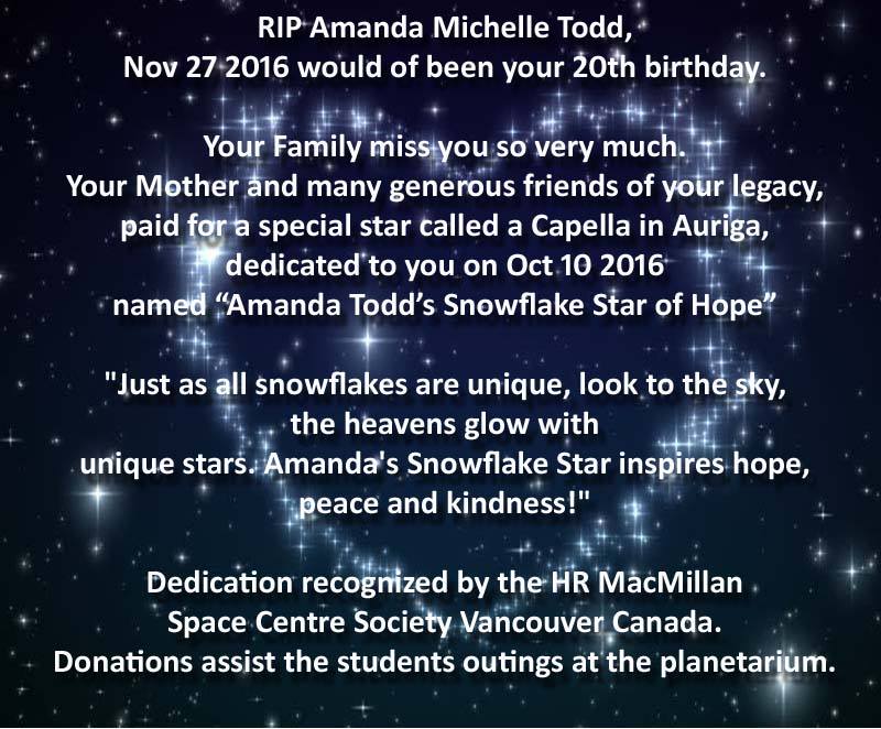 #AmandaTodd #Snowflake #Star of #Hope 
#Capella in Auriga a star that shines bright, dedicated 10/10/16. 
Thank you friends! <a href="/SpaceCentreYVR/">HR MacMillan Space Centre</a>