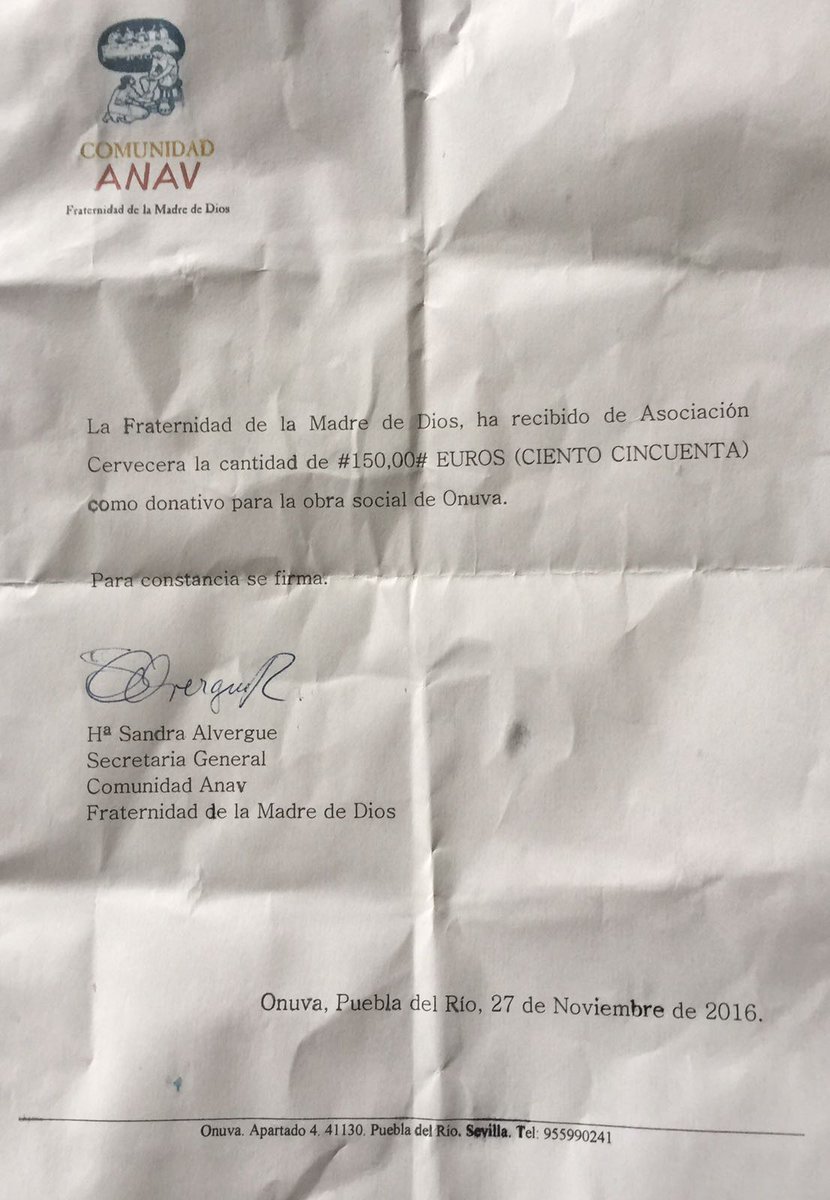 CervezaMatias's tweet photo. La asociación cultural cervecera Matías ha donado hoy 150€ a Onuba. Gracias. https://t.co/385ldlkGgc