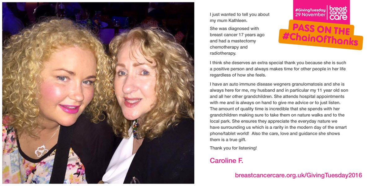 BreastCancerNow's tweet photo. Caroline thanked her mum to pass on the #ChainOfThanks - who will you thank with @BCCare this #GivingTuesday? https://t.co/j0LbpVhxh9 https://t.co/AfsjvRtCIo