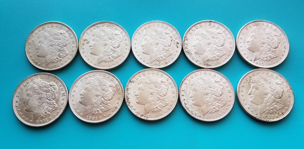 KristysShop's tweet photo. 1921 Lot of 10 Morgan Silver Dollars https://t.co/wIbigTiUKl #morgansilver #auction #coincollecting #coins #rarecoin  #coincollectors https://t.co/1cuDG1esyR