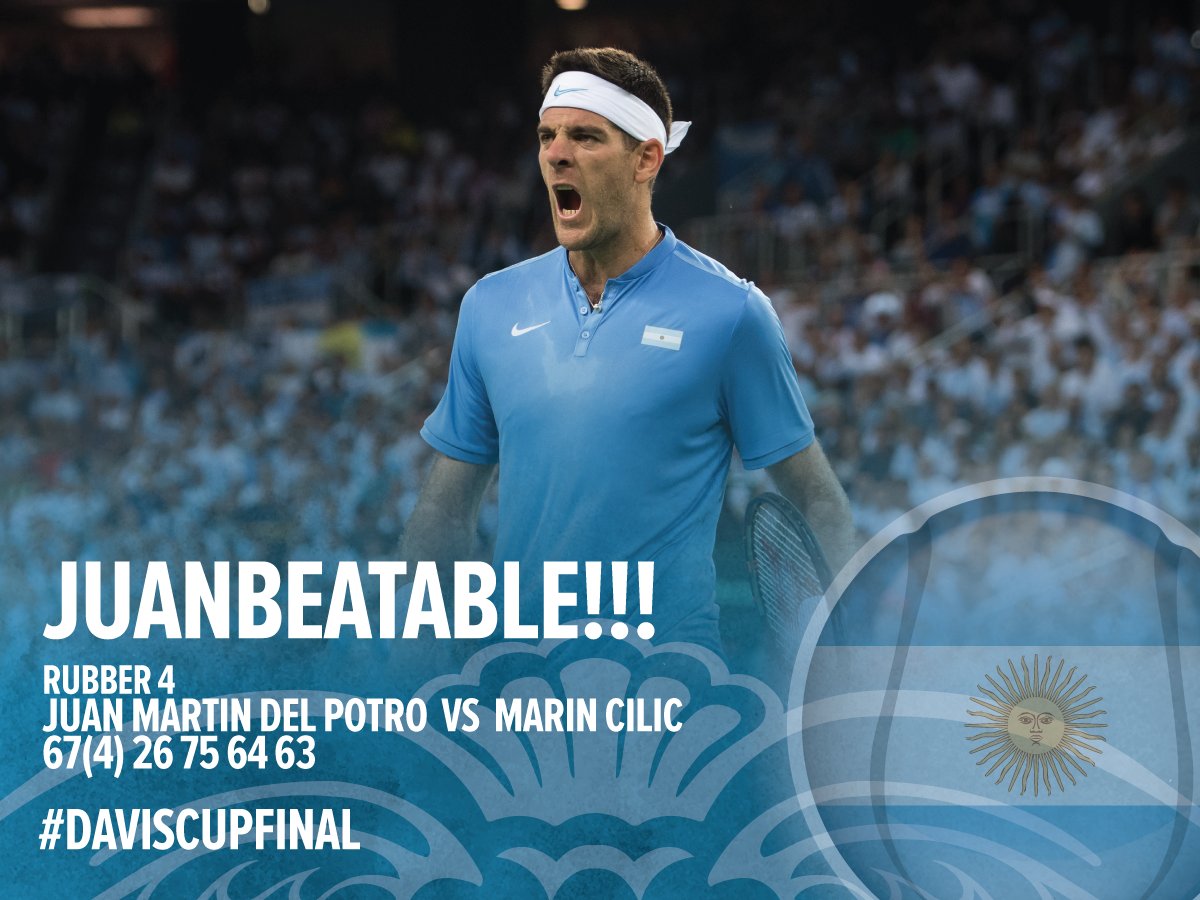 DavisCup's tweet photo. .@delpotrojuan comes back from 0-2 down for the first time to defeat #Cilic 67(4) 26 75 64 63 and we are heading to a deciding 5th rubber!!! https://t.co/DJFuWkO3wo