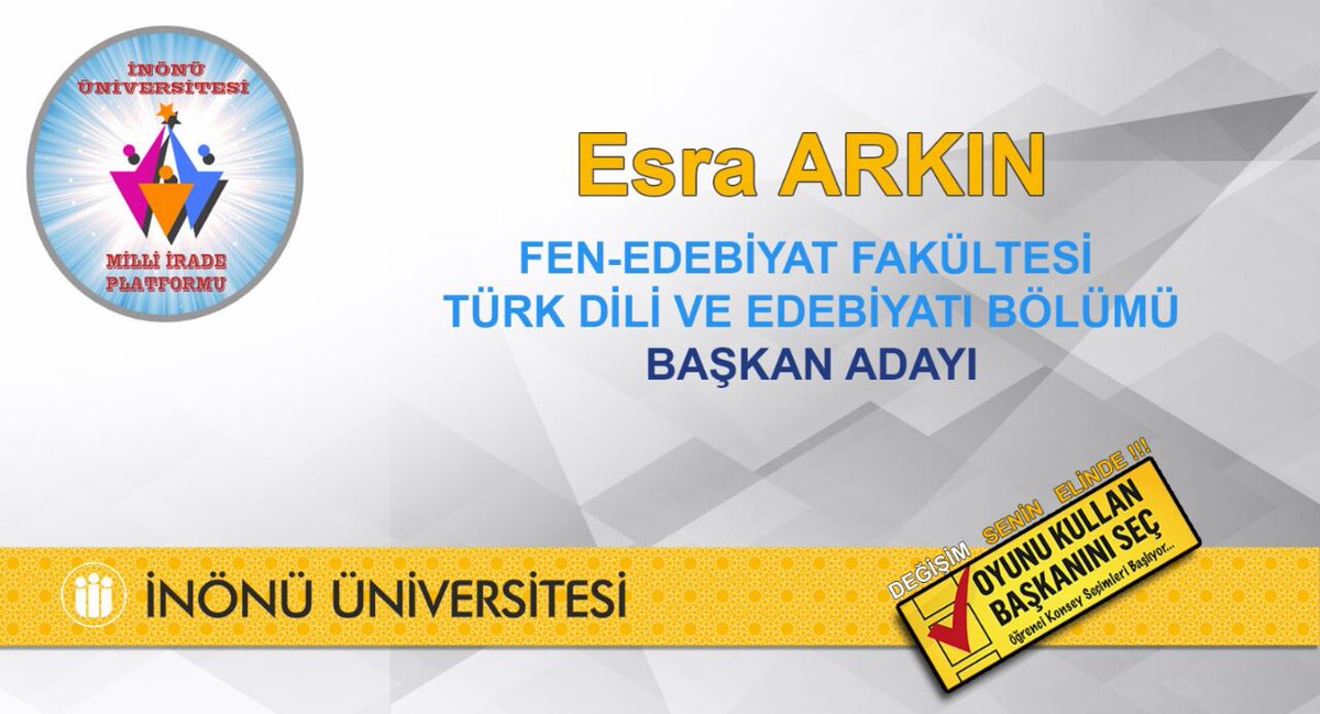 Öğrenci Konseyi secimlerinde Türk Dili Ve Edebiyati Bölümü Adayı olan Esra Kardeşime Başarılar Dilerim
<a href="/EsraArkn2/">Esra Arkn</a> 
<a href="/Millirade44/">Hoca</a>