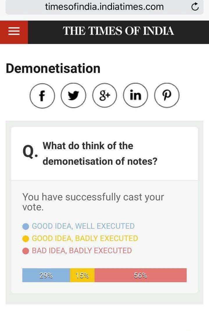 inckamalpreet's tweet photo. Why was #DeMonetisation survey results removed from @timesofindia site? Because 71% disagreed with govt? @Mhatre_Sheetal @vidyarthee https://t.co/y20FfIvNGa