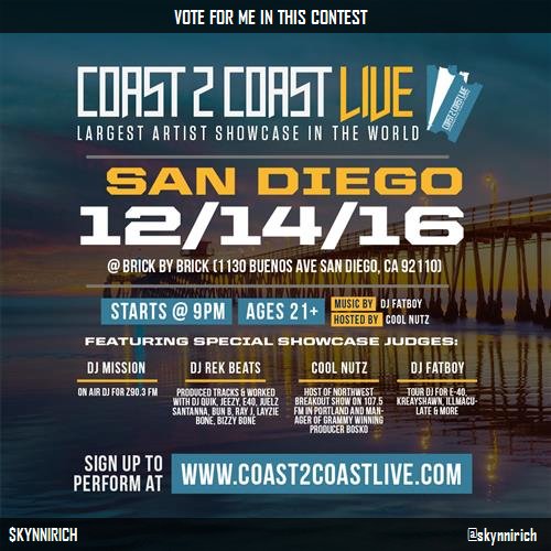 Vote for me to perform at #San Diego Edition 12/14/16! https://t.co/jm9M2YZOvB #Coast2Coast https://t.co/PKhWLFdRLZ