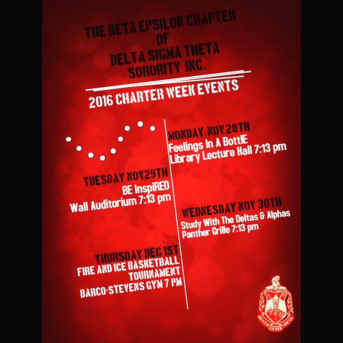 Come OWT and support the Beta Epsilon Chapter of ΔΣΘ as we host a week of events for charter week !!!! See you tomorrow