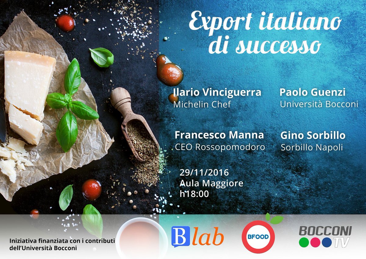 blabbocconi's tweet photo. Export italiano di successo. Ne parliamo con i campioni. Martedì 29 novembre, ore 18, aula Maggiore @Unibocconi RSVP https://t.co/9kSDavGvw9 https://t.co/tf6xzvD24o