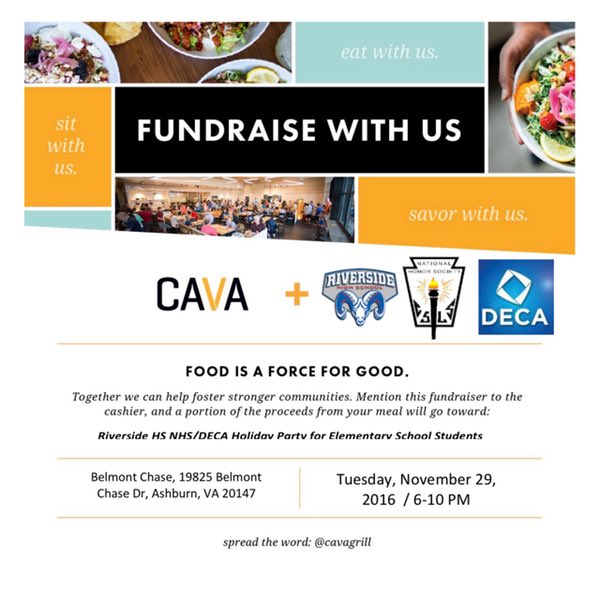 ColorRun_RVHS's tweet image. Come out to Cava this Tuesday from 6-10 pm to help Riverside NHS/DECA fundraise for the holiday party 🎉