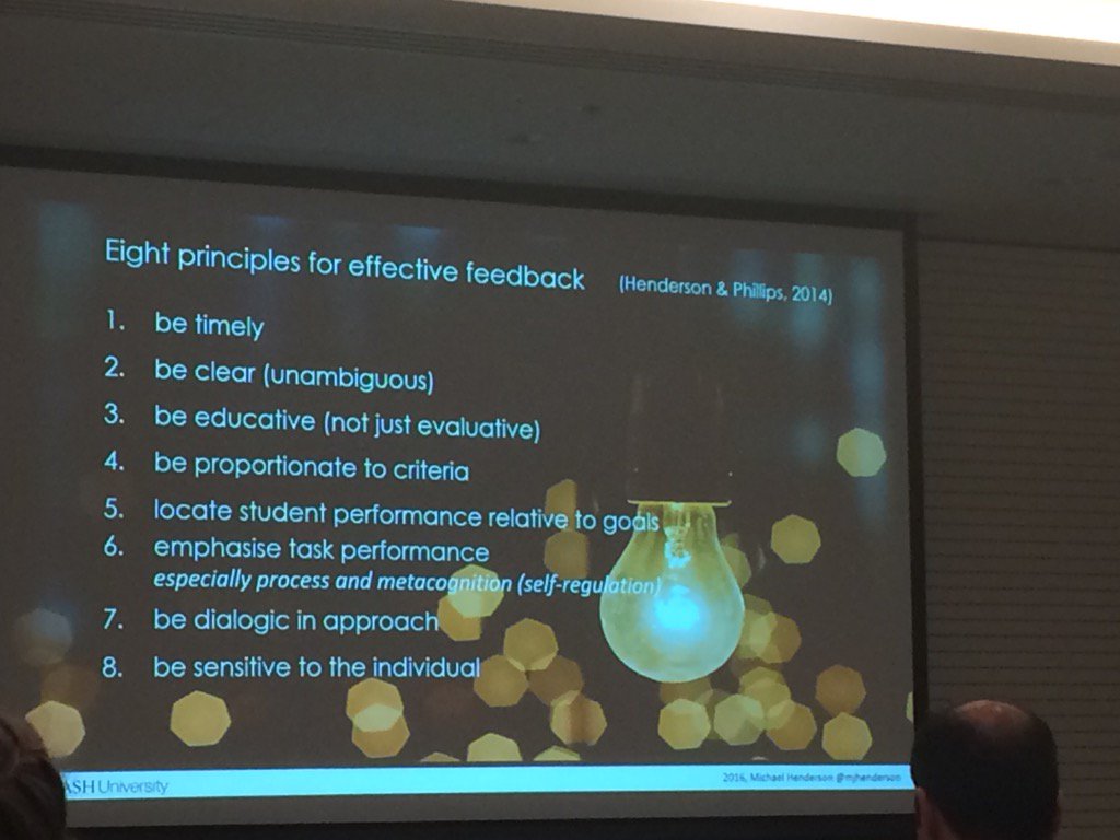 lloregan's tweet photo. Principles of effective feedback @mjhenderson #Ascilite2016 https://t.co/1RKTDJbCRt