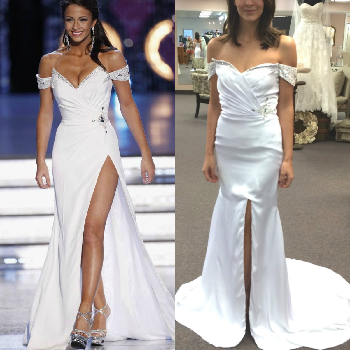 side-by-side of gown knock-off purchase