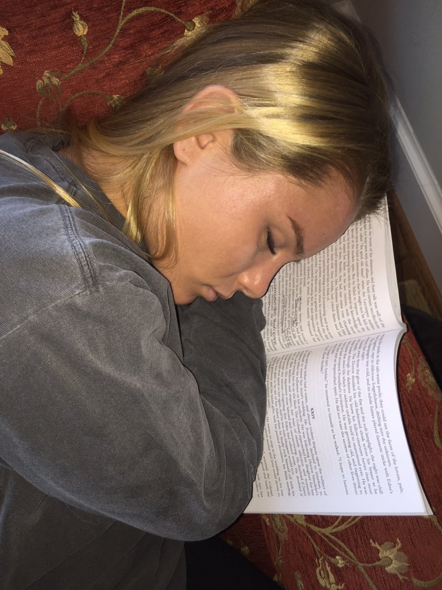 CharlesEsten's tweet photo. My daughter Addie, after a long Thanksgiving weekend, reading her assigned book - I kid you not - "The Awakening." #irony #tryptophan https://t.co/O3AoJ4Jb0g