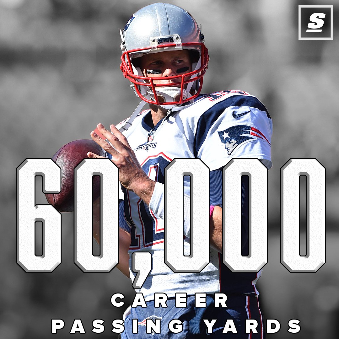 theScore's tweet photo. 60K.

Tom Brady becomes the 5th player in NFL history to reach 60,000 career passing yards. #Patriots https://t.co/XUdjBeYxcn