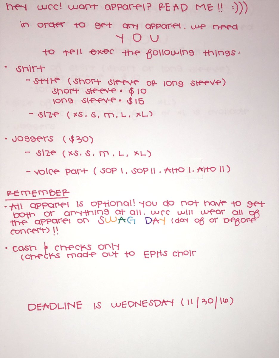 ephsWCC's tweet photo. Hey WCC! Want apparel? Read this! (All apparel orders are due on Wednesday!) https://t.co/pADGzSm7By