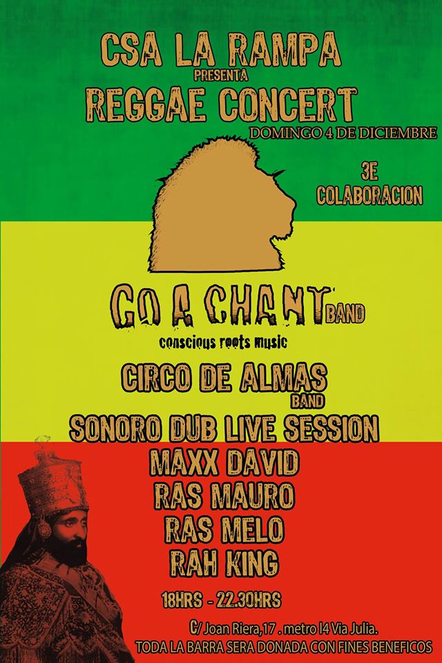 CSALaRampa's tweet photo. Diumenge 4/12/16, concert #Reggae benèfic per la @MarxaPresonsBCN al @CSALaRampa amb #GoAChant + #CircoDeAlmas + #SonoroDubLiveSession! https://t.co/MQNSp9bWBX