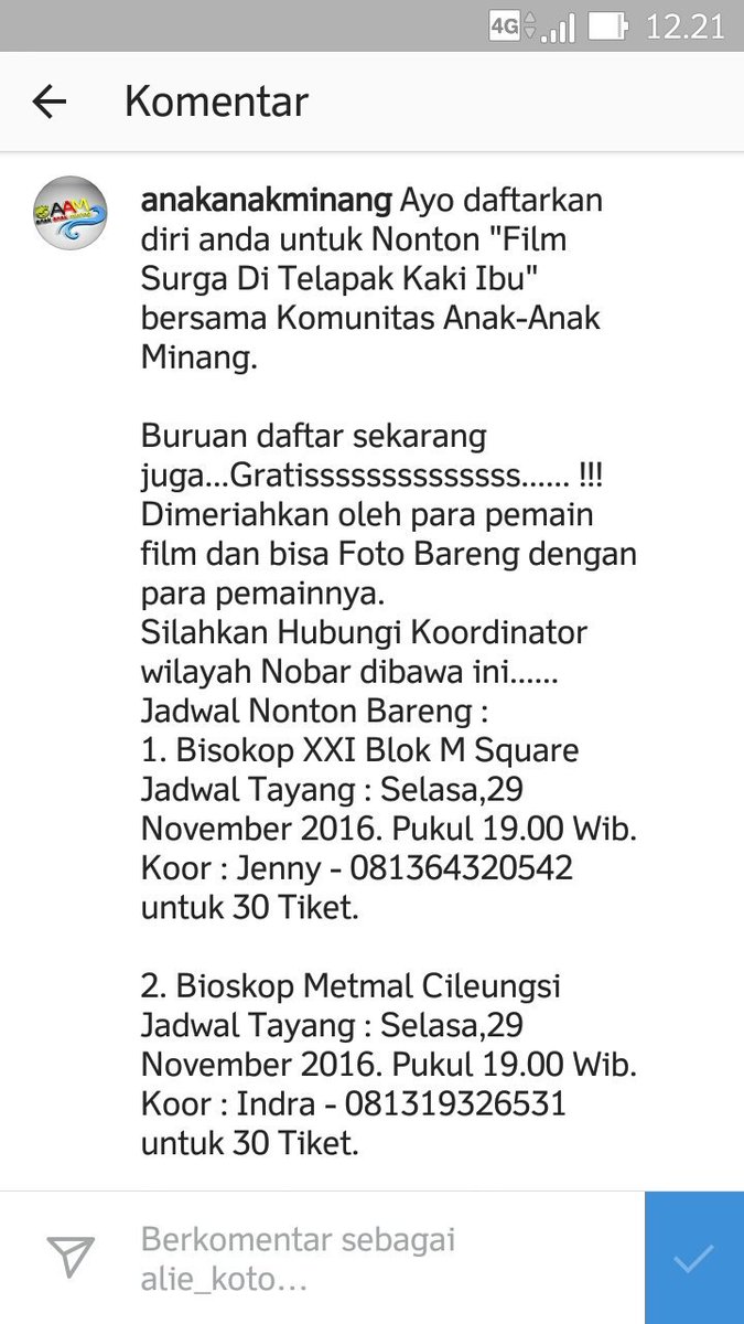 MinangOfficial's tweet photo. Jadwal nonton bareng Gratiiisss film Surga Ditelapak Kaki Ibu, bersama Komunitas Anak Anak Minang, buruan daftar, tersedia 120 tiket gratis. https://t.co/jCX8ct87X9