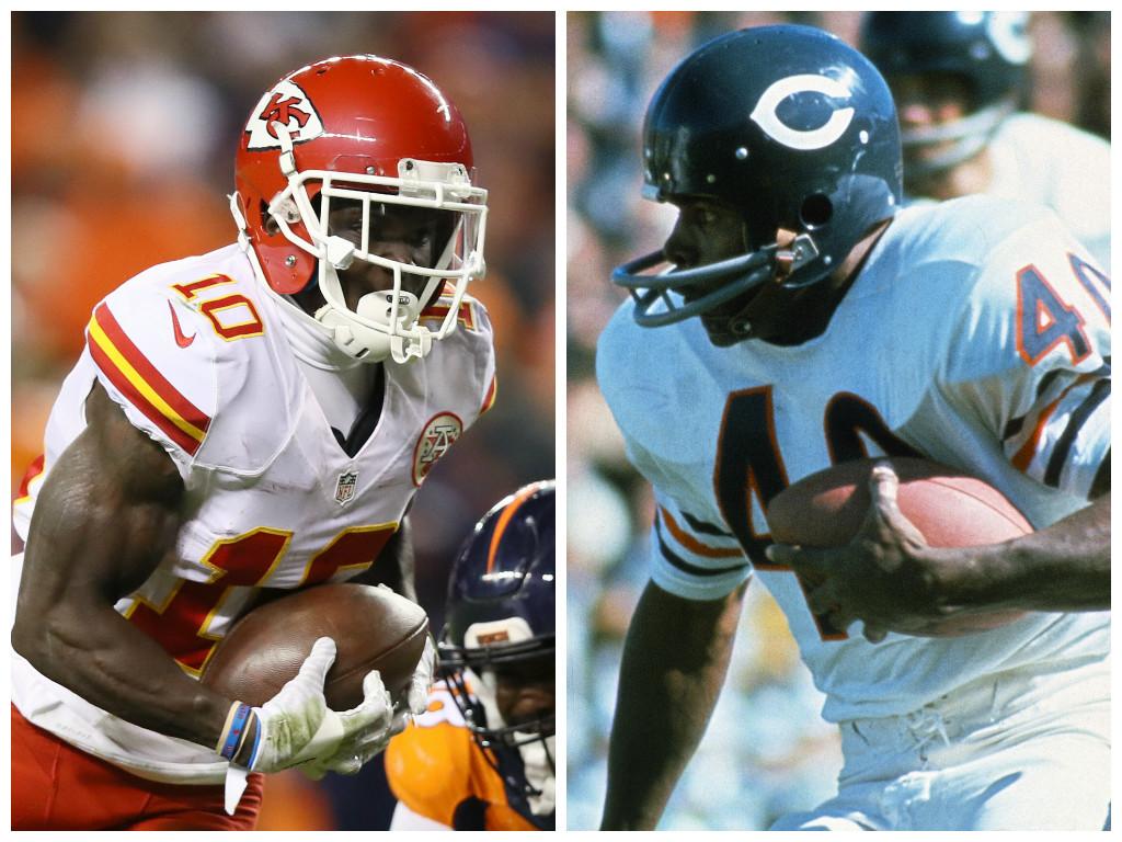 SportsCenter's tweet photo. Tyreek Hill is the 1st player with a Rush TD, Rec TD and kick return TD in a single game since Gale Sayers did so in 1965 (vs Vikings). https://t.co/b3cMuLWDs6