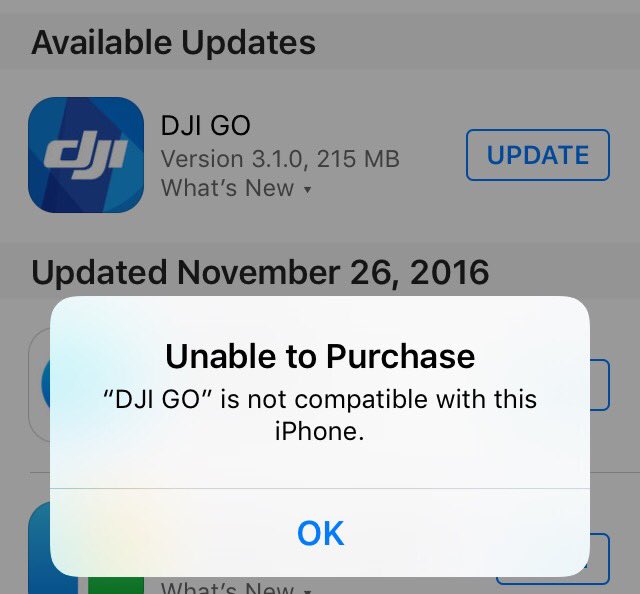 nutzareus's tweet photo. @DJIGlobal iPhone 5c with iOS 10.1.1 can't update DJI GO software? https://t.co/jWi5wncp9y