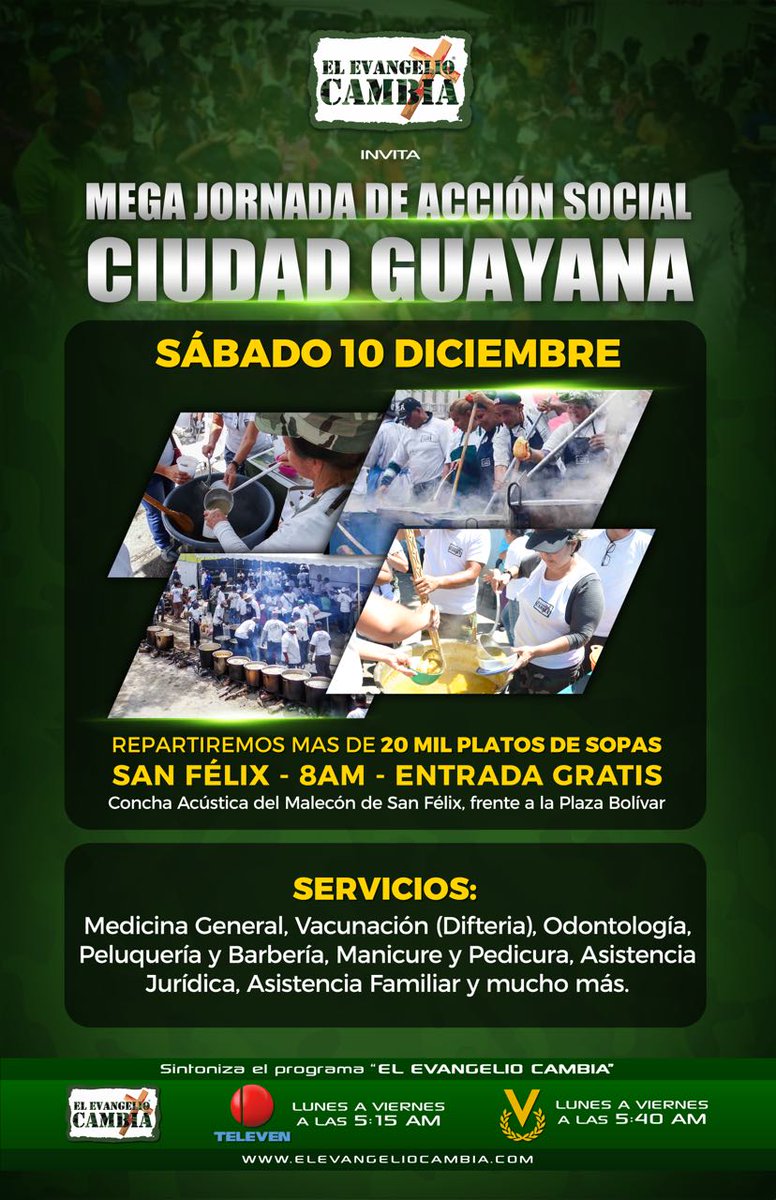 Ihorizonteve's tweet photo. El Evangelio Cambia y su Coordinación en Caroní realizará una mega jornada social en la Concha Acústica del Malecón de #SanFélix #MegaSopa https://t.co/Imk8lZh5Oy