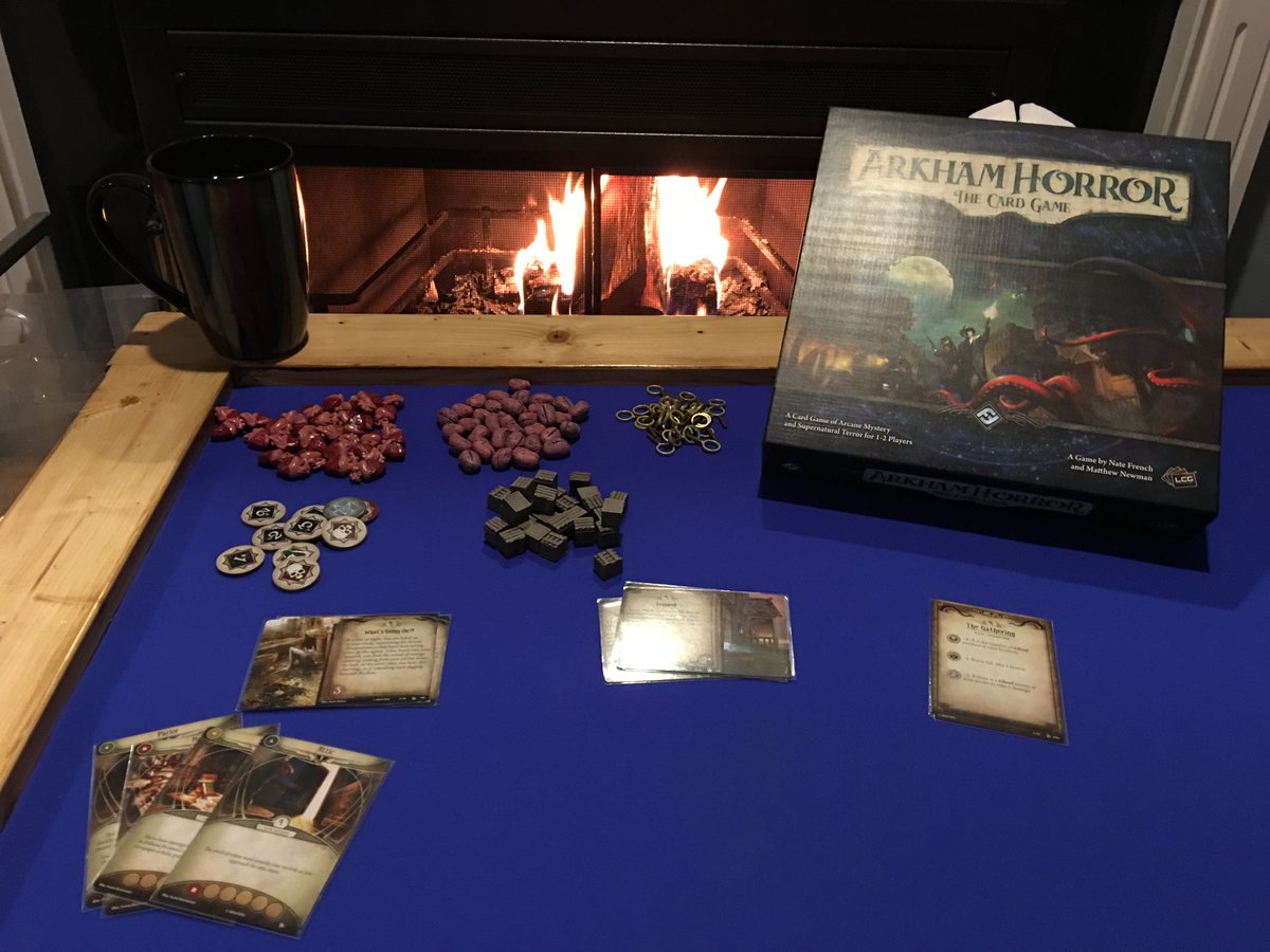calaban9's tweet photo. Fire…check. Tea…check. Arkham Horror Card Game from @FFGames … check. Upgraded tokens from @stonemaiergames …check. #PerfectRelaxation https://t.co/8Vnk35A0eU