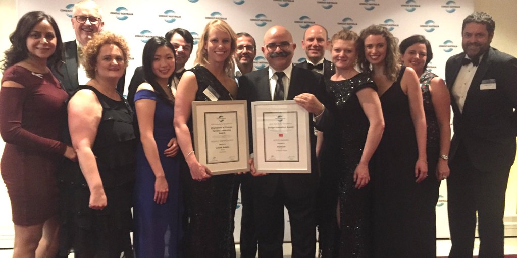 Aurecon's tweet photo. Great night at #consultausawards - #5MartinPlace won the design innovation award &amp; @louadams257 was highly commended as a #championofchange https://t.co/LCUV5YG5HI