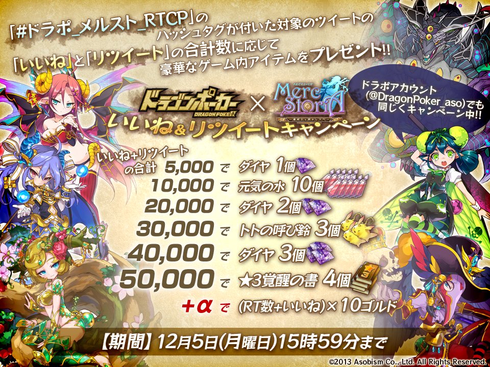 ティティなのだよ♪
ドラゴンポーカーさんとの第２弾コラボ＆第１弾復刻、12月5日16時より開催と発表されたなのだよ～♪
こちらを記念して『いいね＆リツイートキャンペーン』も開催となったからら、ご協力よろしくお願いいたします、なのだよ（≧ｖ≦●）♪
#ドラポ_メルスト_RTCP