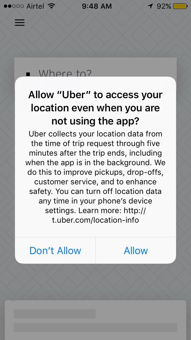 This is scary! Updated the Uber app only to realise I've to give away my privacy. Clicked on 'don't allow' &amp; app doesn't work. Blank screen