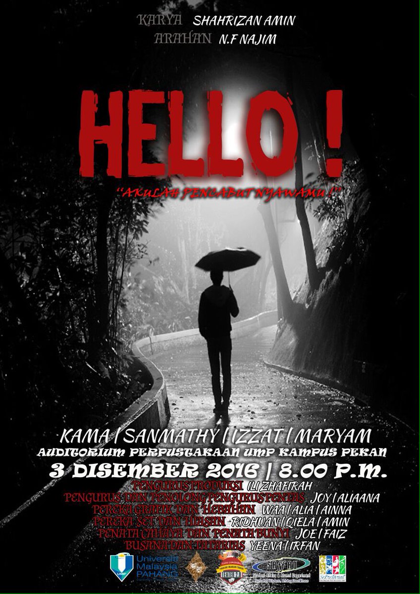 TeamSenandika's tweet photo. "Akulah pencabut nyawamu"
Setiap deringan berbunyi, hidup kau pasti dihantui. Mampukah engkau lari?
#Hello #MTT2016 https://t.co/FErMrHVtYV